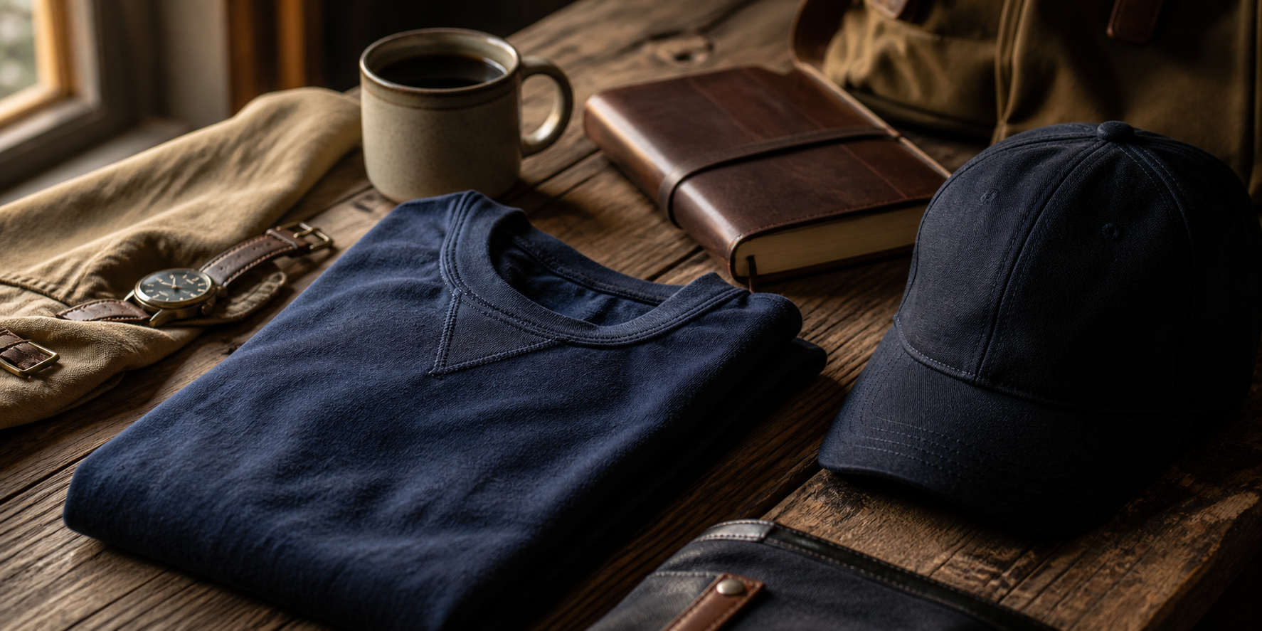 Heritage apparel, leather, canvas, and coffee on a rustic work table